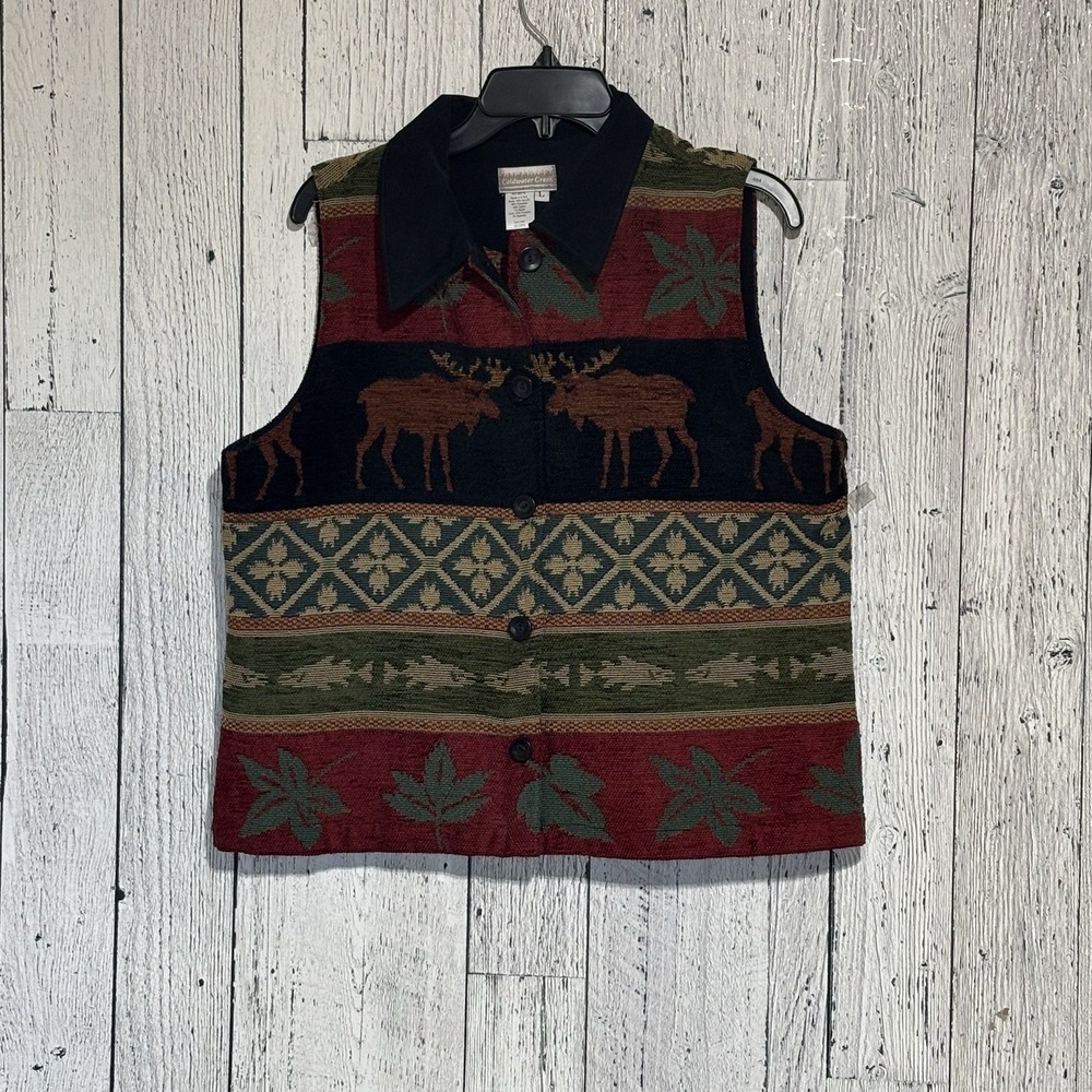 VTG Coldwater Creek Woman's L   Button Vest  Wildlife Print Tapestry 1990s